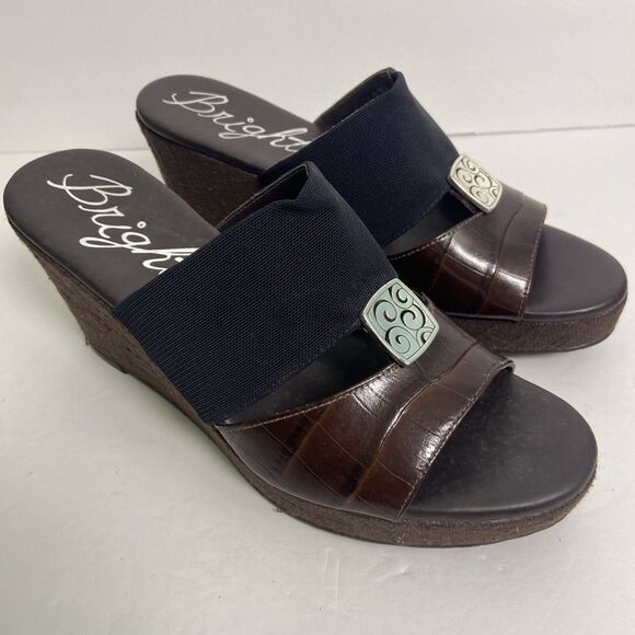 BRIGHTON Dream Brown Black Silver Leather Wedge Slip On Summer Sandals Size 7 - Picture 3 of 11